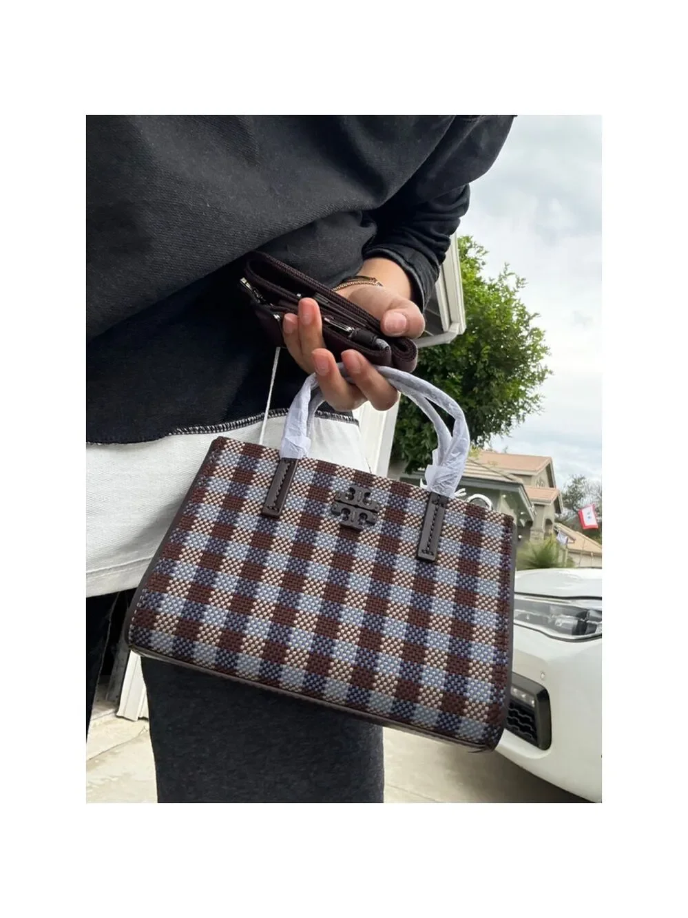 Tory Burch Blake Plaid Mini Tote 176878 Blue Multi Woven Nylon $400